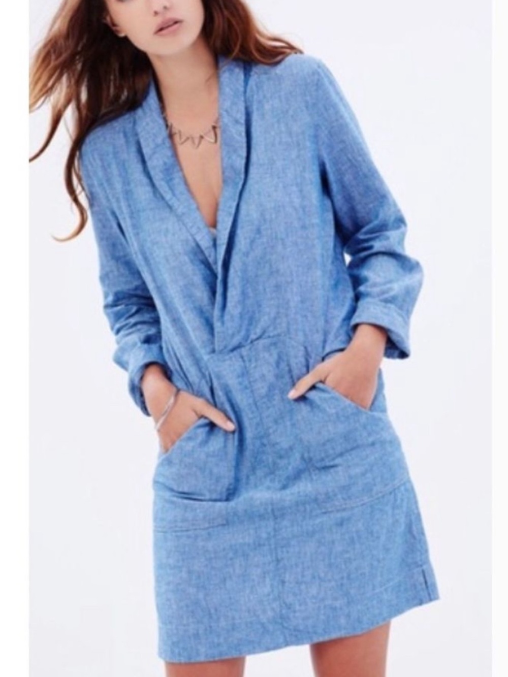 Free people Done up in denim chambray linen blend dress L